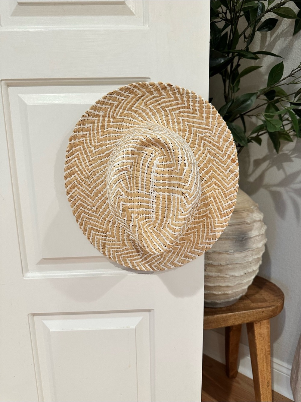 Woven Straw Sun Hat with White Accent Stitching